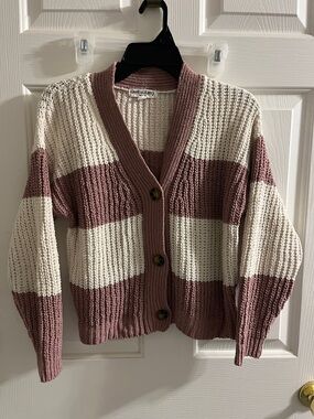 Striped Button-Front Cardigan Sweater - Cream & Mauve